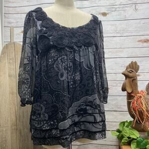 Eci Sheer Blouse 3/4 Sleeve Floral Applique Size S Linned Black Gray